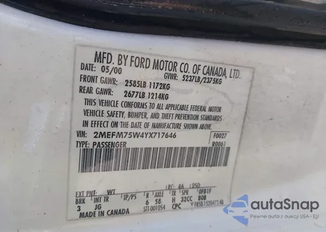 2000 Mercury Grand Marquis Ls z USA, uszkodzony, nr VIN 2MEFM75W4YX717646